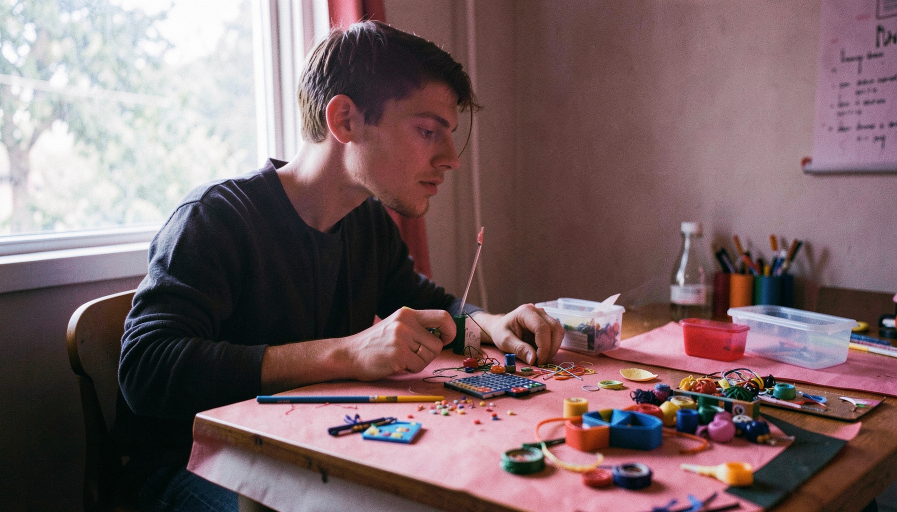 A teacher sitting at a table with a micro:bit kit and colourful craft materials, natural daylight from a nearby window